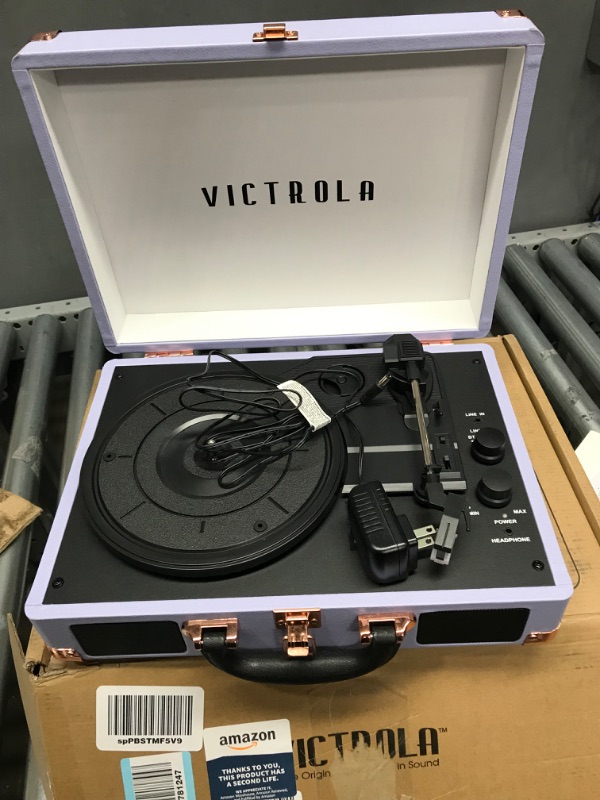 Photo 2 of Victrola Vintage 3-Speed Bluetooth Portable Suitcase Record Player with Built-in Speakers | Upgraded Turntable Audio Sound | Lavender (VSC-550BT-LVG) Lavender/Silver Record Player DOES NOT WORK