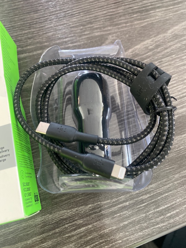 Photo 2 of Belkin BoostCharge Dual Port Car Charger USB-C (20W) + USB-A (12W) + Cable and Strap - Black

