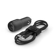 Photo 1 of Belkin BoostCharge Dual Port Car Charger USB-C (20W) + USB-A (12W) + Cable and Strap - Black

