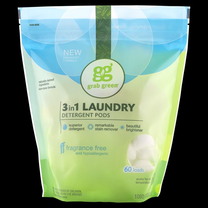 Photo 1 of 2 PACK -Grab Green 3-in-1 Laundry Detergent Pods, 60 Count, Fragrance Free, Plant and Mineral Based, Superior Cleaning Power, Stain Remover, 