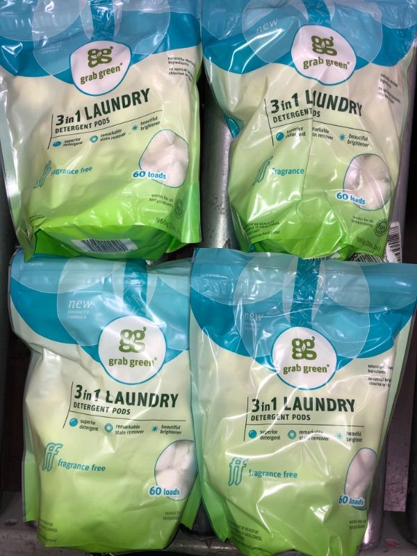 Photo 1 of 4 PACK - Grab Green 3-in-1 Laundry Detergent Pods, 60 Count, Fragrance Free, Plant and Mineral Based, Superior Cleaning Power, Stain Remover
