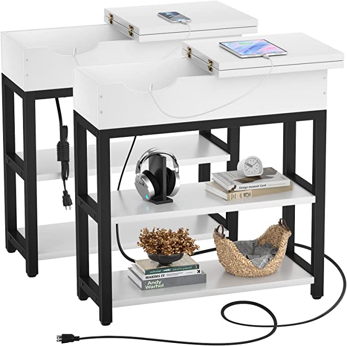 Photo 1 of Aheaplus Sofa Side Table with USB Ports and Outlets, Narrow End Table Set of 2 with Charging Station, Bedside Nightstand with Storage Shelves, Slim Side Table for Small Space, Living Room, Metal Frame
