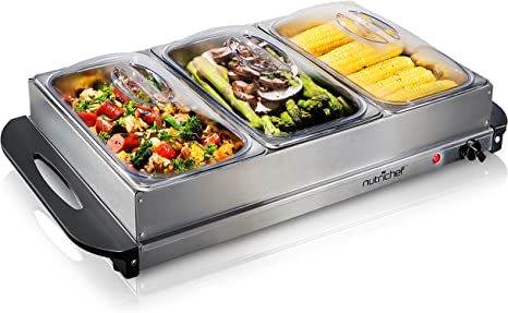 Photo 1 of NutriChef 3 Buffet Warmer Server Professional Hot Plate Food Warmer Station , Easy Clean Stainless Steel , Portable & Great for Parties Holiday & Events Max Temp 175F
