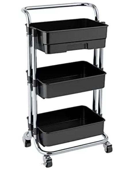 Photo 1 of 3 Tier Utility Rolling Cart, Trolley with Handle and Drawer, Storage Cart with Lockable Wheels for Kitchen, Office, Bedroom, Living Room, Classroom (Black)