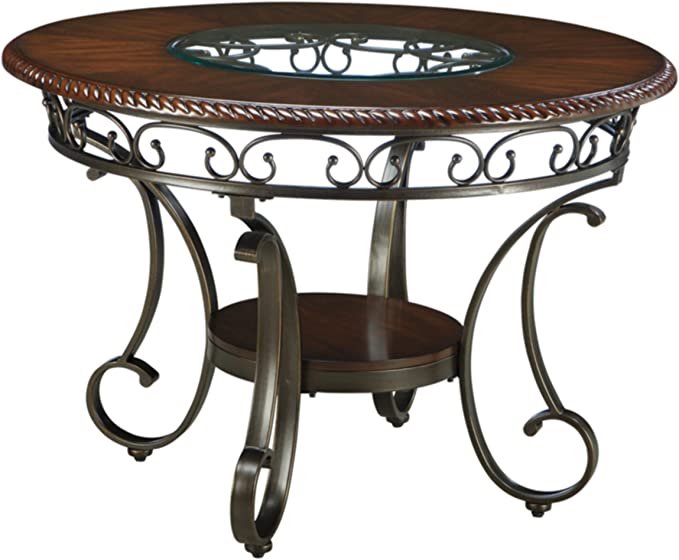 Photo 1 of (MISSING LOWER SHELF; SCRATCHED/DENTED/TORN OFF PAINTED SECTIONS) Signature Design by Ashley Glambrey Old World 45" Round Glass Top Dining Table, Brown
