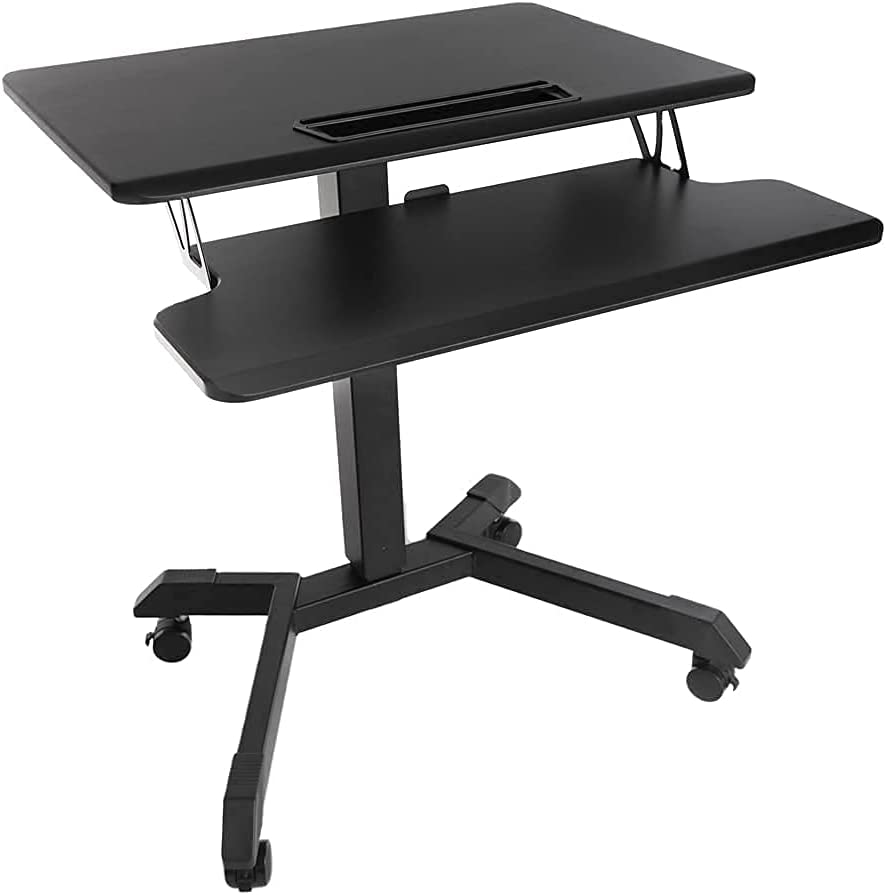 Photo 1 of AKALAMA Rolling Desk,Height Adjustable Mobile Desk,Sit Stand Laptop Pneumatic Desk Movable Workstation with Keyboard Holder Black Top
