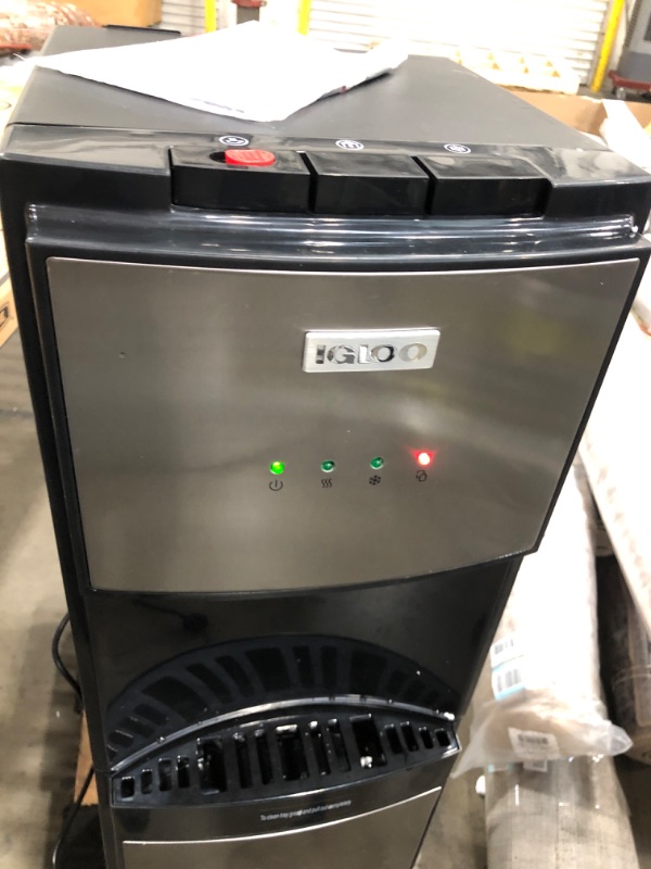 Photo 2 of * USED* TESTED POWERS ON*
Igloo IWCBL353CRHBKS Stainless Steel Hot, Cold & Room Water Cooler Dispenser, Holds 3 & 5 Gallon Bottles, 3 Temperature Spouts, No Lift Bottom Loading, Child Safety Lock, Black/Stainless

