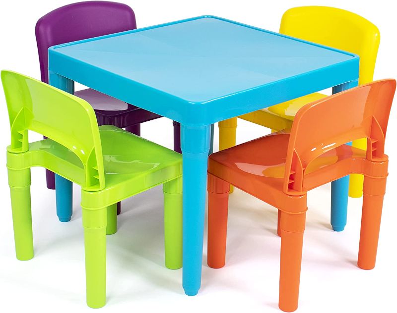 Photo 1 of Humble Crew, Blue Table & Red/Green/Yellow/Purple Kids Lightweight Plastic Table and 4 Chairs Set, Square
