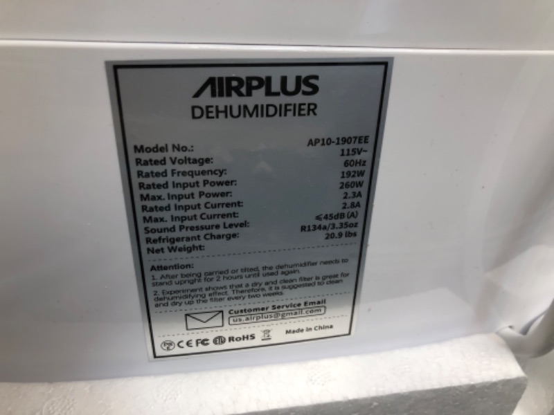 Photo 4 of AIRPLUS 1,500 Sq. Ft 30 Pints Dehumidifier for Home and Basements with Drain Hose(AP1907)
