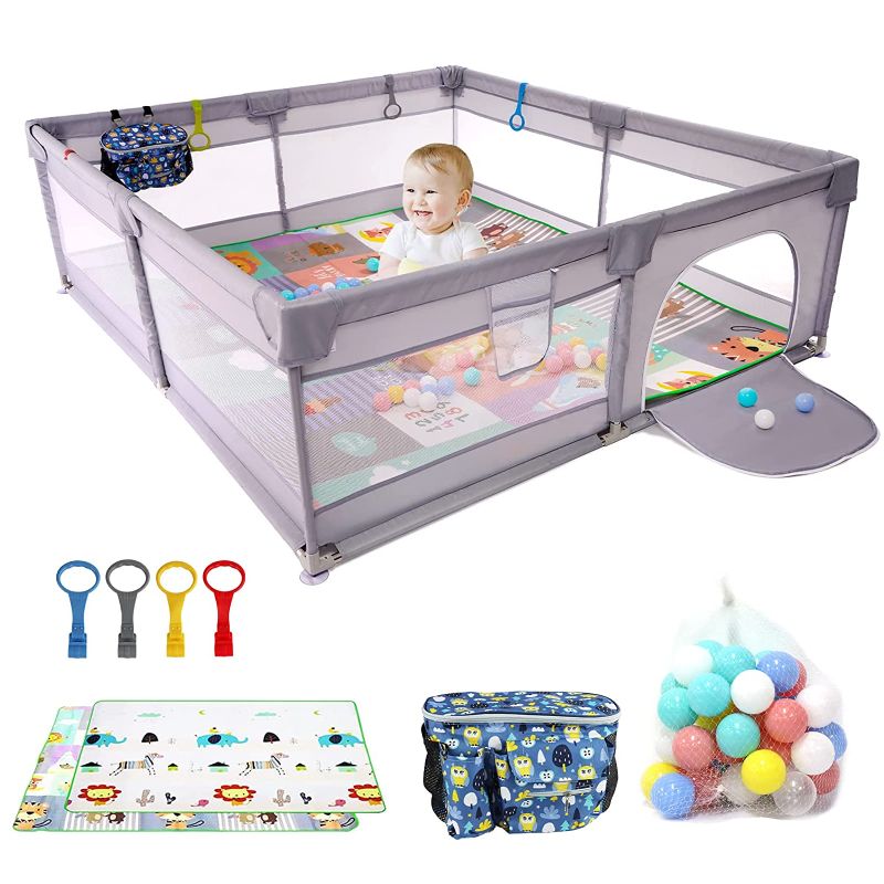 Photo 1 of Baby Playpen 79" X 71" , LUTIKIANG Play Yard for Babies and Toddlers with Mat, Safety Extra Large Baby Fence Area, Indoor & Outdoor Kids Activity Play Center with Anti-Slip Suckers and Zipper Gate
