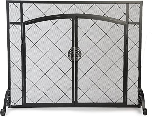 Photo 1 of Celtic Knot Large Fireplace Screen with Hinged Doors, Powder Coated Steel Frame, Metal Mesh, Decorative Design, Free Standing Spark Guard- 44 W x 33 H Black with Pewter Finish
