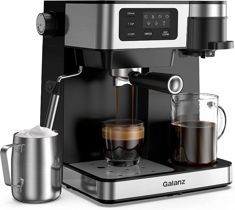 Photo 1 of Galanz 2-in-1 Pump Espresso Machine & Single Serve Coffee Maker with Milk Frother, Latte, & Cappuccino Machine, 1.2L Removable Water Tank, LED Display Touch Control, Black with Stainless Steel Trim
