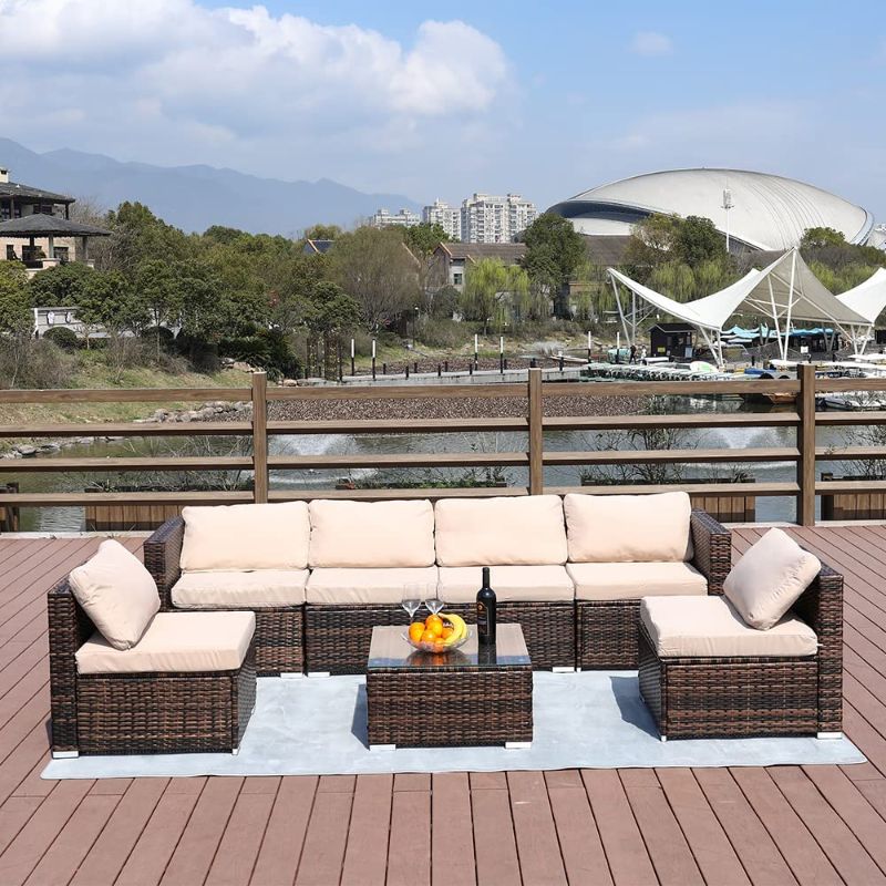 Photo 1 of ***BOX 3 OF 4 ONLY*** VANCIKI Patio Furniture Set of 7, Tempered Glass Coffee Table Rattan Weaving Wicker Chair Sectional Sofa with Cushion Outdoor Conversation Sets, for Lawn, Garden, Beach, Poolside & Balcony
