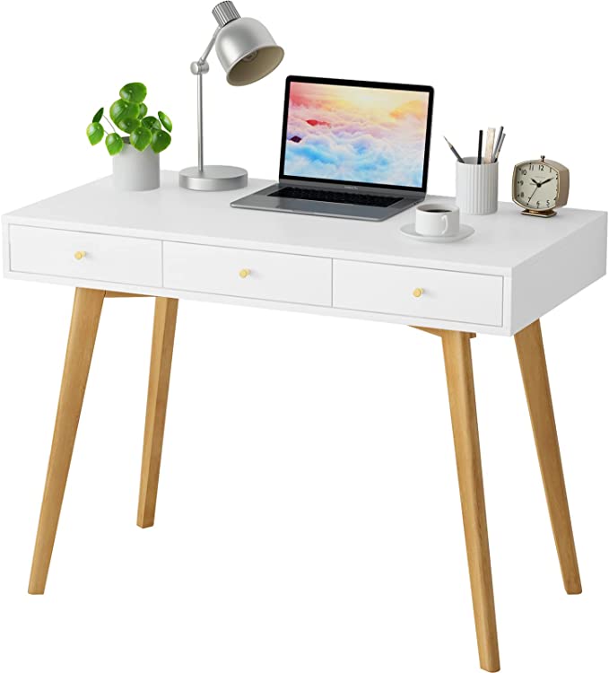 Photo 1 of Vitahomy Computer Vanity-Desk,White-Desk-with-Drawers Bedroom Furniture,Modern Home-Office-Desks with Solid Wooden Legs,Makeup Vanity Table,Study Work Writing Standing Desk Workstation for Home Office
