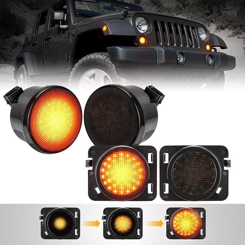 Photo 1 of LED Front Turn Signal Lights & Fender Side Marker Lights Assembly for 2007 - 2018 Jeep Wrangler JK JKU, NEWEST White Running Light and Amber Sequential Dynamic Flash Turn Signal, Smoke Lens
