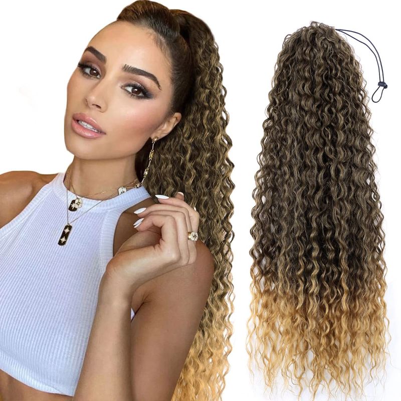 Photo 1 of Long Curly Drawstring Ponytail 30”Synthetic Clip In Ponytail Extensions for Women Afro Curly Corn Wave Clip on Ponytail(#T4/27)
