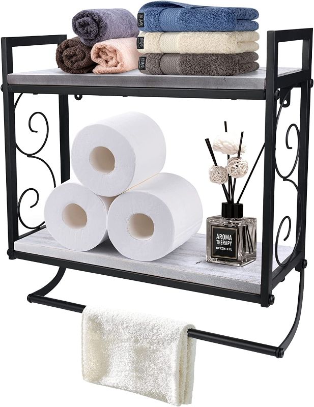 Photo 1 of 2-Tier Industrial Metal Bathroom Shelves Wall Mounted, 16.9in Floating Shelves Towel Holder,Towel Rack with Towel Bar,Rustic Wall Shelf Over Toilet,Utility Storage Shelf Rack ,Retro White

