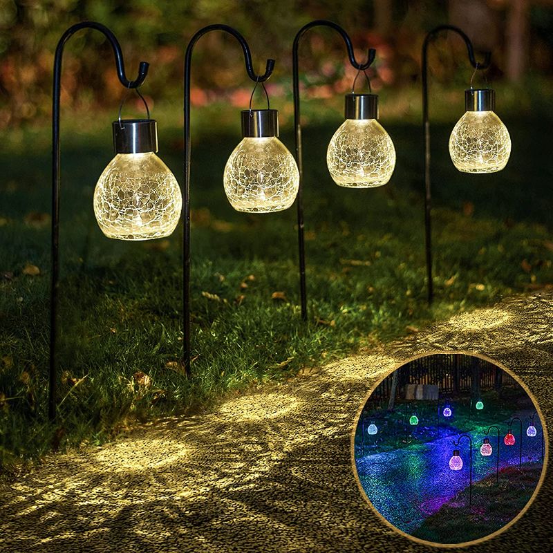 Photo 1 of 4 Pack Hanging Solar Lights Set with Shepherd Hooks, Outdoor Color Changing Solar Powered Waterproof Landscape Lanterns with Crackle Glass Ball Design Pathway Decoration
