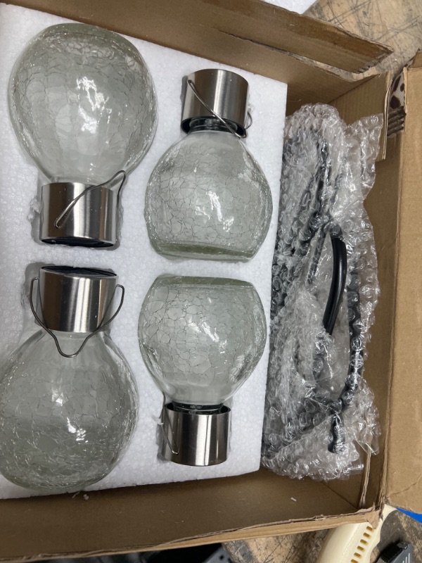 Photo 2 of 4 Pack Hanging Solar Lights Set with Shepherd Hooks, Outdoor Color Changing Solar Powered Waterproof Landscape Lanterns with Crackle Glass Ball Design Pathway Decoration
