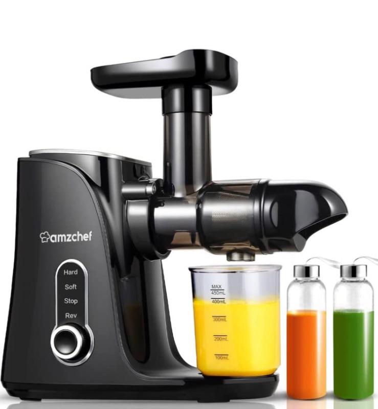 Photo 1 of AMZCHEF Slow Masticating Juicer Extractor, Cold Press Juicer with Two Speed Modes, 2 Travel bottles(500ML),LED display, Easy to Clean Brush & Quiet Motor for Vegetables&Fruits (Black)