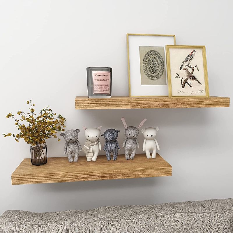 Photo 1 of INHABIT UNION Oak Floating Shelves for Wall?24in Wall Mounted Display Ledge Shelves Perfect for Bedroom, Bathroom, Living Room and Kitchen Decoration Storage (Oak) 