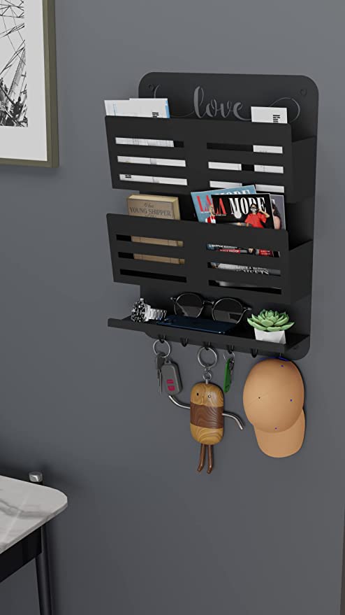 Photo 1 of Key Holder & Mail Shelf- Wall Organizer Rack for Keys, Letters, Bills, Phones - Perfect for Entryway, Kitchen (Matte Black, Love Lives Here)