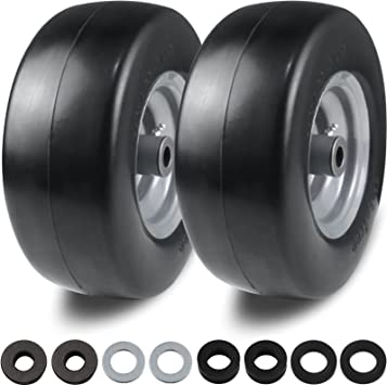 Photo 1 of 2 PCS 11x4.00-5" Flat Free Lawn Mower Tire on Wheel, 3/4" or 5/8" Bushing, 3.4"-4"-4.5 -5" Centered Hub, Universal Fit Smooth Tread Tire for Zero Turn Lawn Mowers, with Universal Adapter Kit