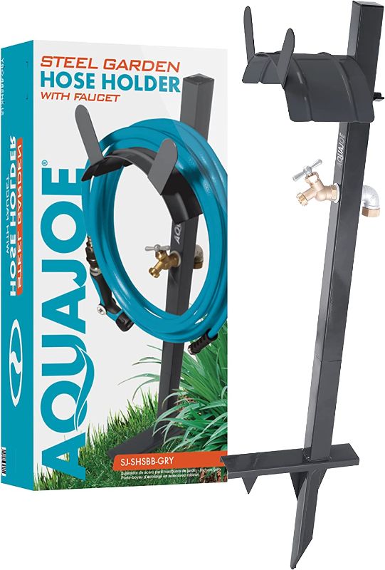 Photo 1 of Aqua Joe SJ-SHSBB-Gry Garden Hose Stand with Solid Brass Faucet w/Quick Install Anchor Base, Grey
