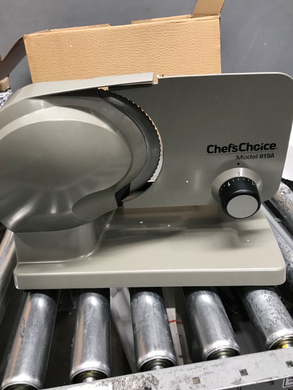 Photo 2 of *PARTS ONLY*
Chef'sChoice 615A Electric Meat Slicer Features Precision thickness Control & Tilted Food Carriage For Fast & Efficient Slicing with Removable Blade for Easy Clean, 7-Inch, Silver 615A Meat Slicer