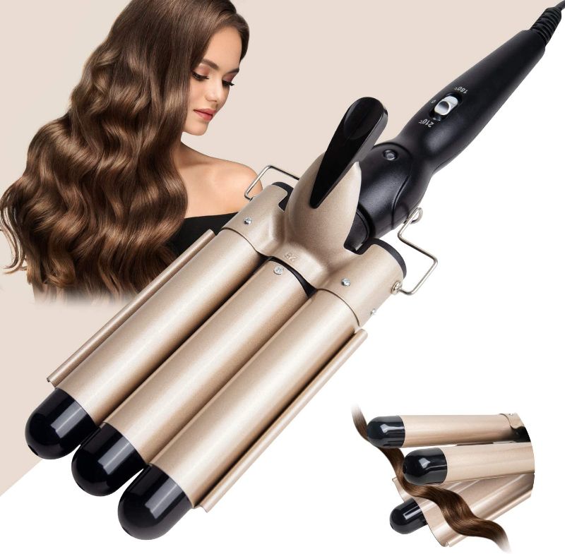 Photo 1 of 3 Barrel Curling Iron Wand - Dual Voltage Temperature Adjustable 25mm Hair Crimper,1 Inch Ceramic Tourmaline Triple Barrels,Hair Waving Styling Tools, Gold
