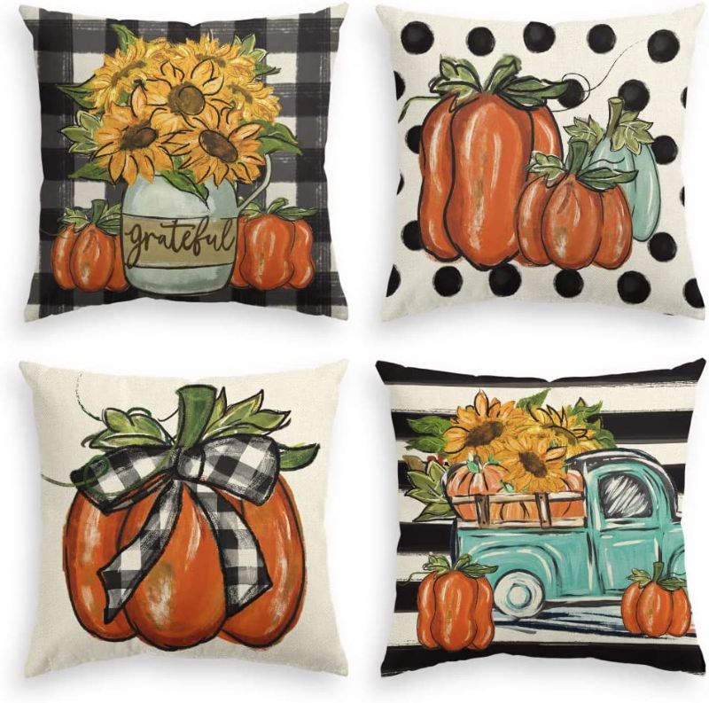 Photo 1 of AVOIN colorlife Fall Watercolor Buffalo Plaid Bow Sunflower Pumpkin Stripes Truck Polka Dot Autumn Throw Pillow Covers, 18 x 18 Inch Pillows Seasonal Cushion Case for Sofa Couch Set of 4
