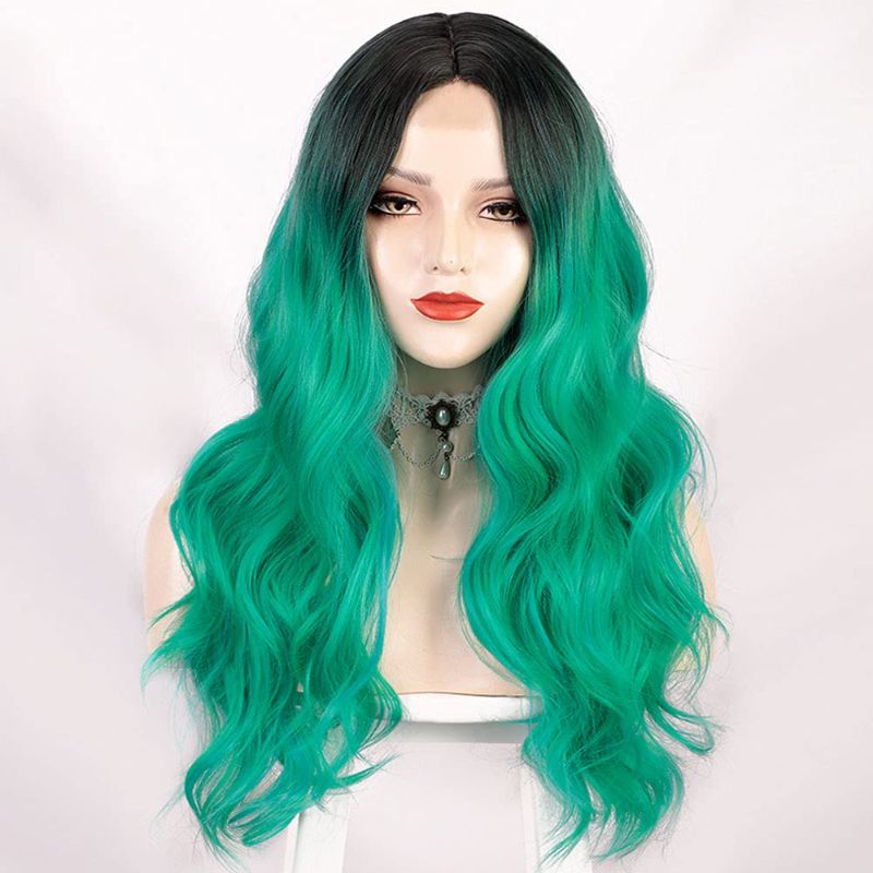 Photo 1 of Lativ Long Wavy Wig for Women Ombre Green Middle Part Wigs Teal Wigs Long Curly Synthetic Heat Resistant Hair with Natural Hairline for Cosplay Party Everyday Use
