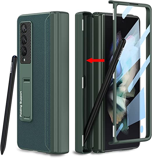 Photo 1 of [Updated Version] Libeagle Compatible with Samsung Galaxy Z Fold 3 Case [Built in Hidden S Pen Holder to Avoid Pen Lost][Leather on Back][Screen Protector][Hinge Protection] Cover 5G 2021-Black
