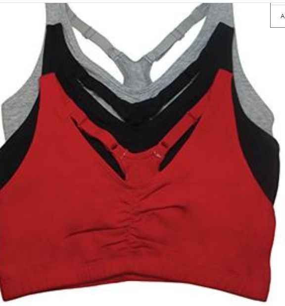 Photo 1 of Fruit of the Loom womens Adjustable Shirred Front Racerback Sports Bra, Red Hot/Black/Heather Grey - 3-pack, 38 US
