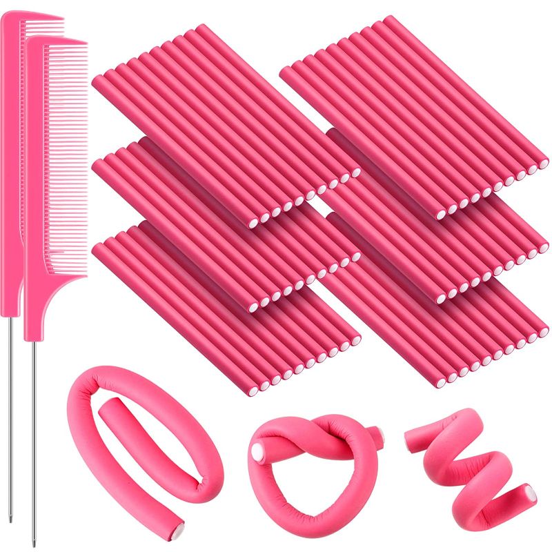 Photo 1 of 60 Pieces Flexible Foam Curling Rods Twist Foam Hair Rollers No Heat Hair Rods Rollers and Stainless Steel Rat Tail Flexible Rods for Long Hair Short Hair Women Girls (Pink,0.3 x 7 Inch)
