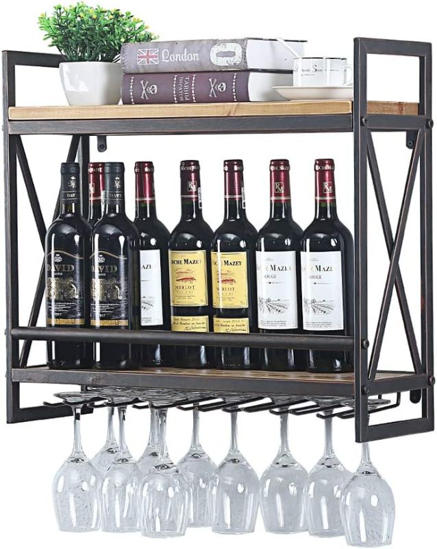 Photo 1 of (2 Tier - 23.6in - Brush Bronze) Industrial Wine Rack Wall Mounted, Wall Wine Rack, Hanging Wine Rack, 100% Pine Solid Wood, 100% Galvanized Steel