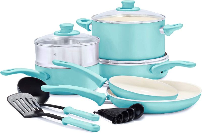 Photo 1 of ***MISSING HALF OF THE COMPONENTS*** GreenLife Soft Grip Healthy Ceramic Nonstick 12 Piece Cookware Pots and Pans Set, PFAS-Free, Dishwasher Safe, Turquoise
