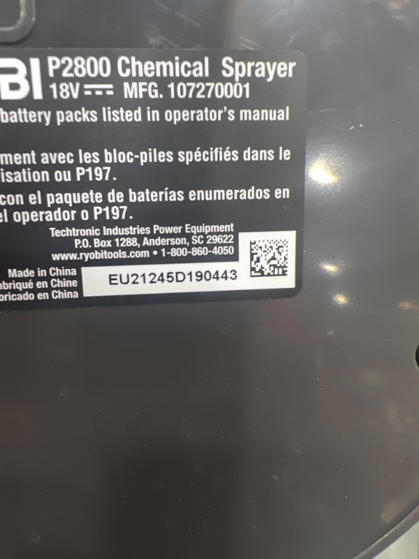 Photo 5 of **BROKEN CHARGER**
RYOBI ONE+ 18V Cordless Battery 1 Gal. Chemical Sprayer with 1.3 Ah Battery and Charger