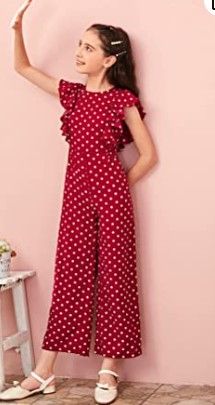 Photo 1 of WDIRARA Girl's Polka Dots Ruffle Trim Cap Sleeve Round Neck Wide Leg Jumpsuit
