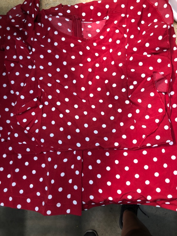 Photo 2 of WDIRARA Girl's Polka Dots Ruffle Trim Cap Sleeve Round Neck Wide Leg Jumpsuit
