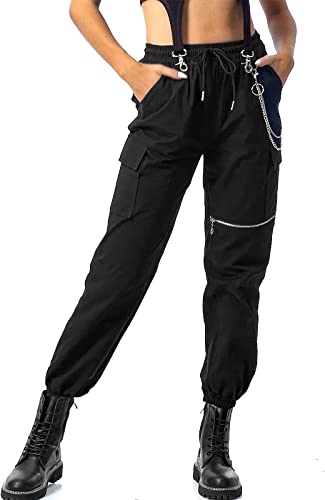 Photo 1 of CYCLAMEN Women's Black Baggy Cargo Pants 100% Cotton Gothic Streetwear Y2K Techwear High Waist with Pockets