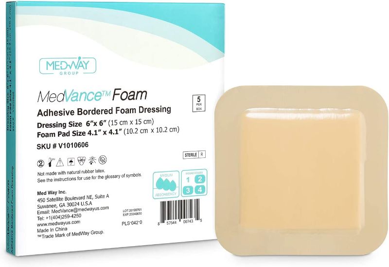 Photo 1 of MedVance TM Foam – Bordered Adhesive Hydrophilic Foam Dressinge 6"x6" (4.1"x4.1" Pad) Box of 5 dressings