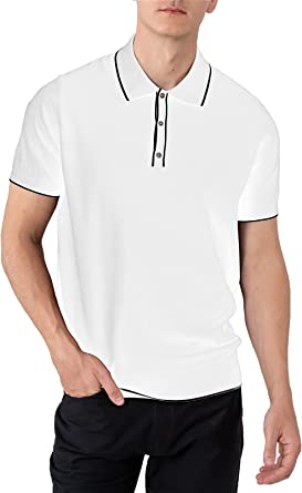 Photo 1 of ALTAIREGA 100%-Cotton Mens-Polo-Shirts Knit-Golf-Tops Summer-Casual-Pullover - Short Sleeve Polo Slim Fit Soft Tee LARGE WHITE AND BLACK TRIM