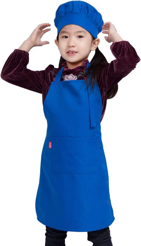 Photo 1 of ALIPOBO Kids Apron and Chef Hat Set, Children's Adjustable Bib Apron with 2 Pockets. Cute Boys Girls Kitchen Apron for Cooking, Baking, Painting, Training Wear (2-5 Year, Blue) AND 6 PACK OF Sun UV Protection Face Mask Cooling Neck Gaiter Balaclava Bandan