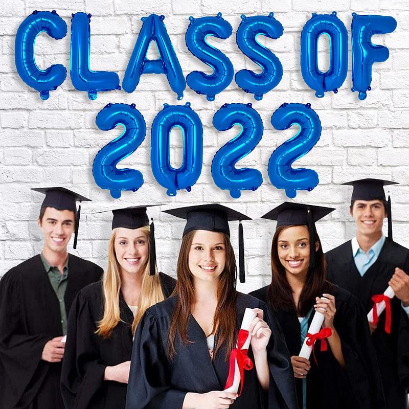 Photo 1 of ***3 Pack*** Class of 2022 Balloons Banner Blue Class of 2022 Graduation Party Backdrop Decorations Congrats Grad Sign Decorations 16 Inch Foil Letter Graduation Balloons