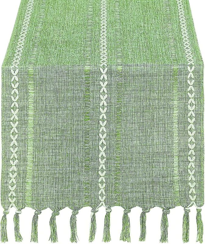 Photo 1 of Country Style Linen Table Runner with Handmade Tassels Spliced ??Tablecloth Farmhouse Style Table Runner, Suitable for Family Table Decorations and Bohemian Wedding Decorations (Green, 13 x 72inches)