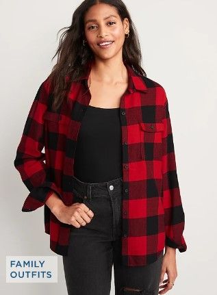 Photo 1 of ***Size: Small*** Jenkoon Women's Warm Long Sleeve Boyfriend Style Shirt Regular-Fit Flannel Lapel Plaid Shacket Color: Red/Black