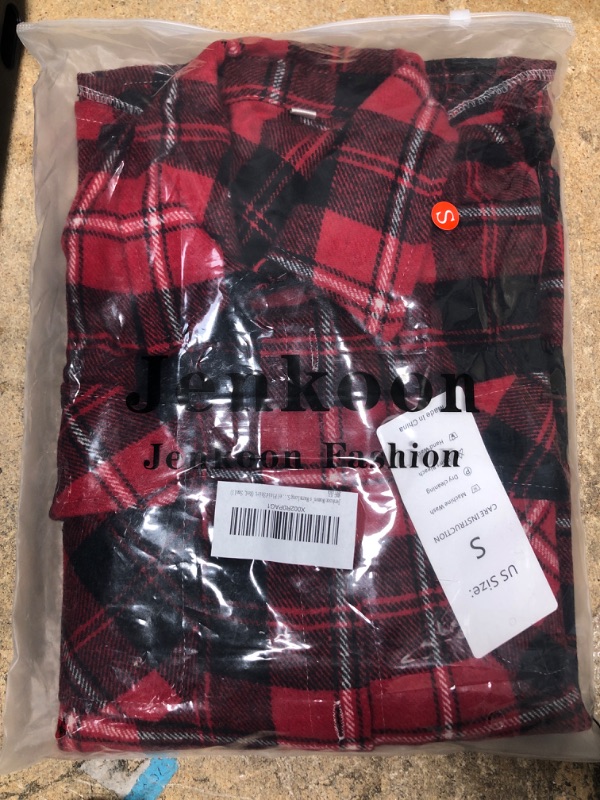 Photo 2 of ***Size: Small*** Jenkoon Women's Warm Long Sleeve Boyfriend Style Shirt Regular-Fit Flannel Lapel Plaid Shacket Color: Red/Black