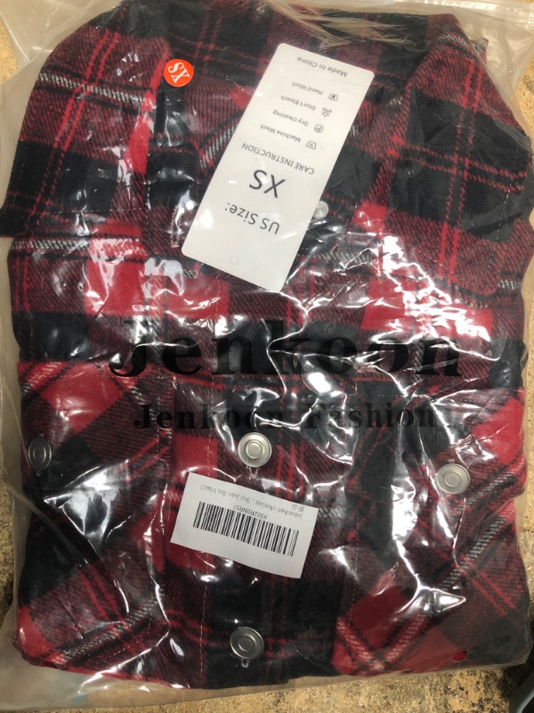 Photo 2 of ***Size: XS*** Jenkoon Women's Warm Long Sleeve Boyfriend Style Shirt Regular-Fit Flannel Lapel Plaid Shacket Color: Red/Black