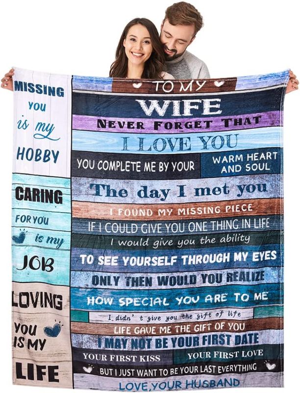 Photo 1 of Gifts for Wife Blanket for Her to My Wife Throw Blanket from Husband Romantic Ultra-Soft Microfiber Valentines Christmas Day Blanket for Wife Her (50inch x 60inch, Blue-4)